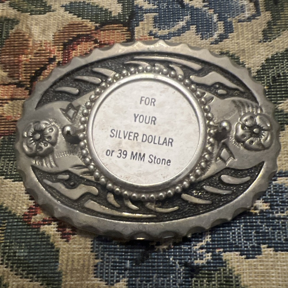 Vintage Western Belt Buckle Silver Tone for Silver Dollar 39mm Stone NOS USA